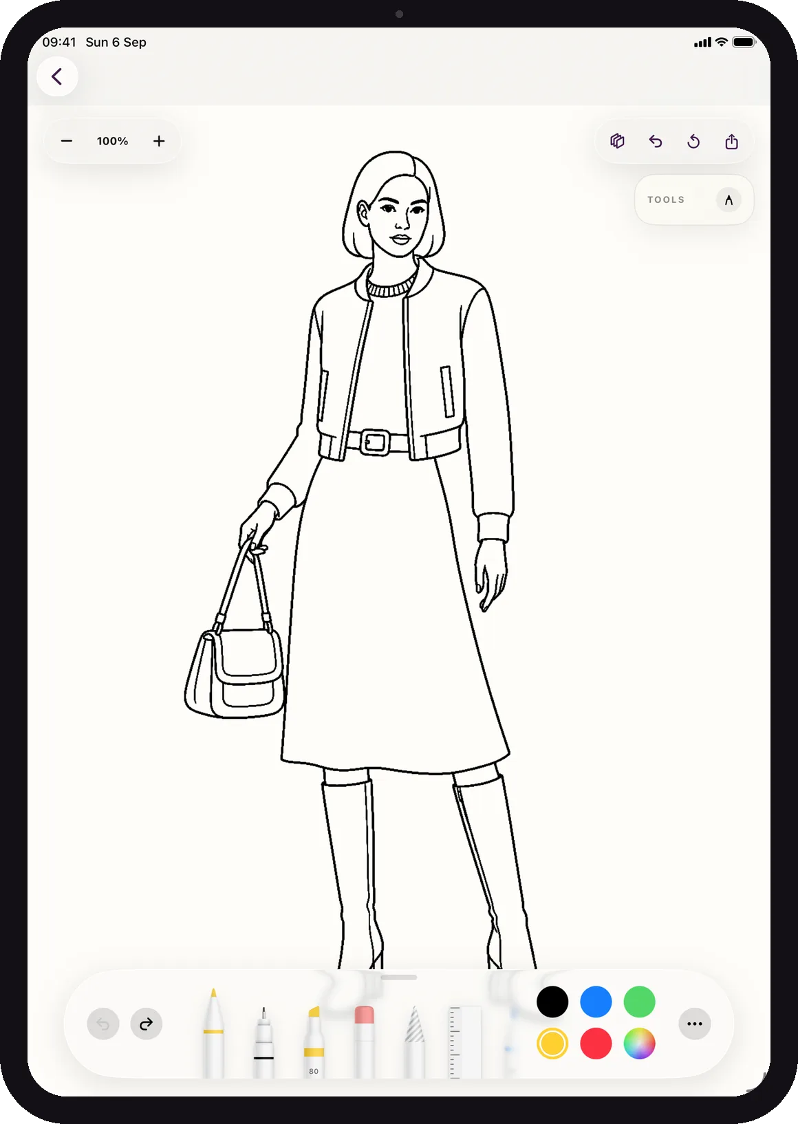 Color the Look coloring canvas on iPad: outfit line art from The Boots Edit with the pen toolbar and color palette