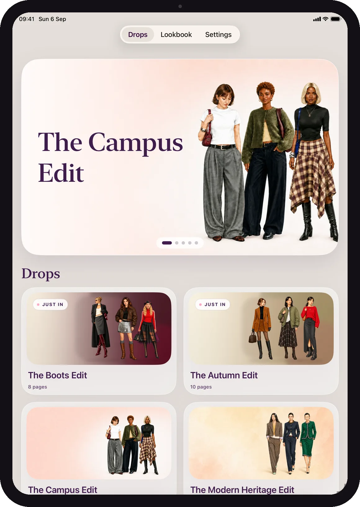 Color the Look home screen on iPad showing The Campus Edit hero and the latest drops: The Boots Edit, The Autumn Edit, The Campus Edit