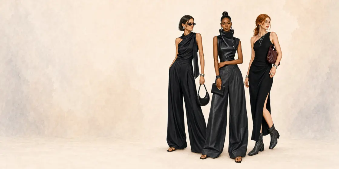 Three sculptural black outfits from The Noir Edit, an example of fashion coloring page artwork