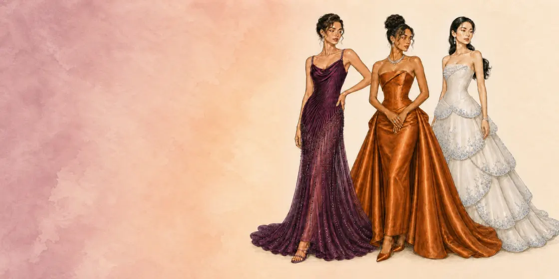 Three corseted gowns in jewel-tone satin from The Red Carpet Edit collection