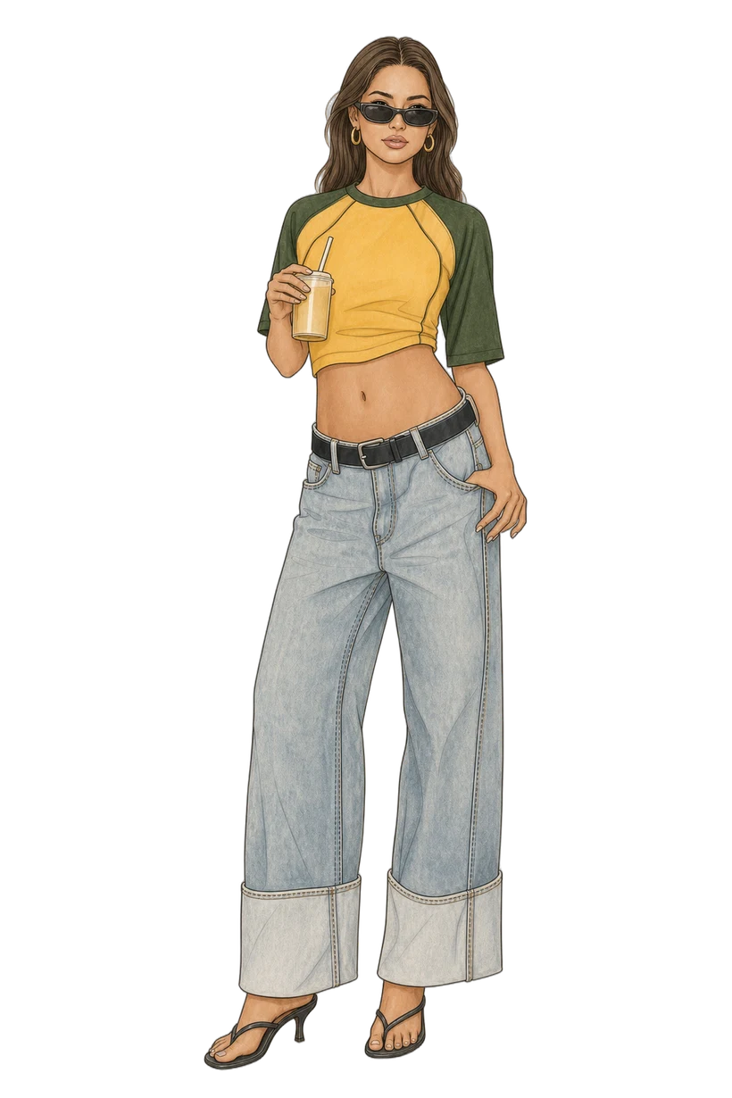 Yellow and green raglan crop tee with cuffed baggy jeans, fully colored