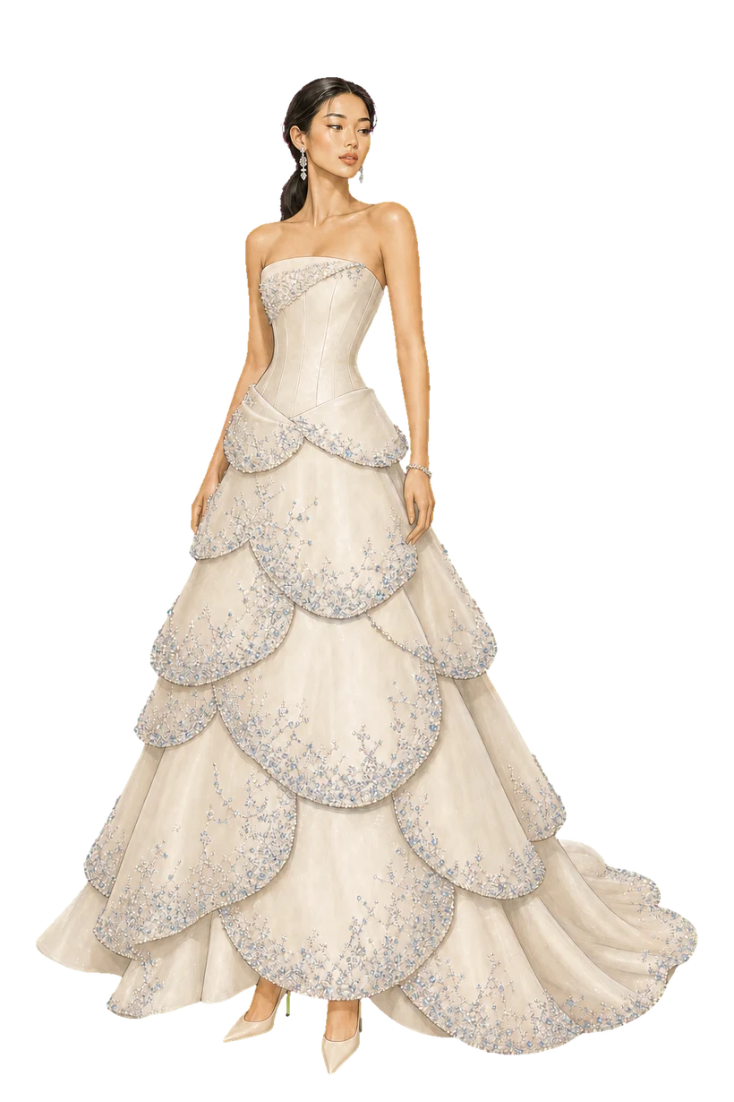 Tiered ivory petal gown with beaded embroidery, fully colored