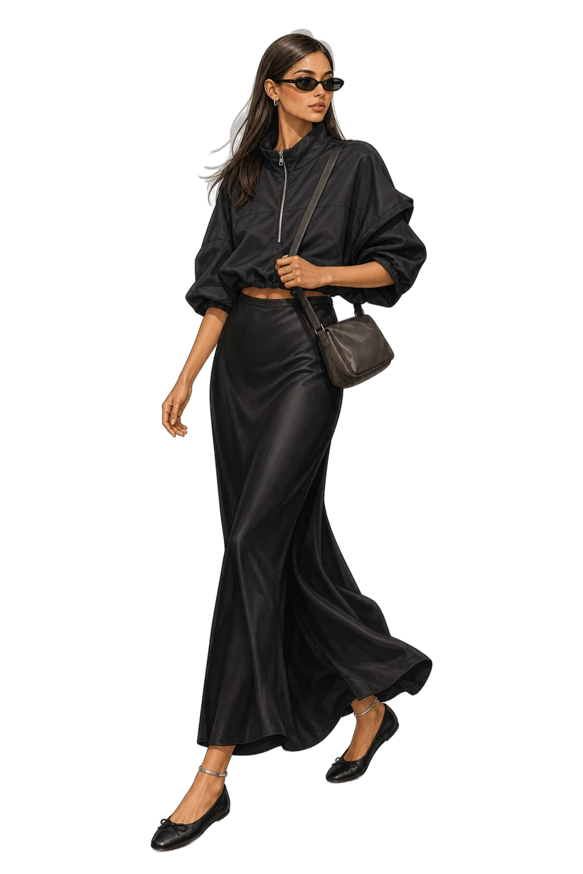 Black zip jacket with maxi skirt and ballet flats, fully colored