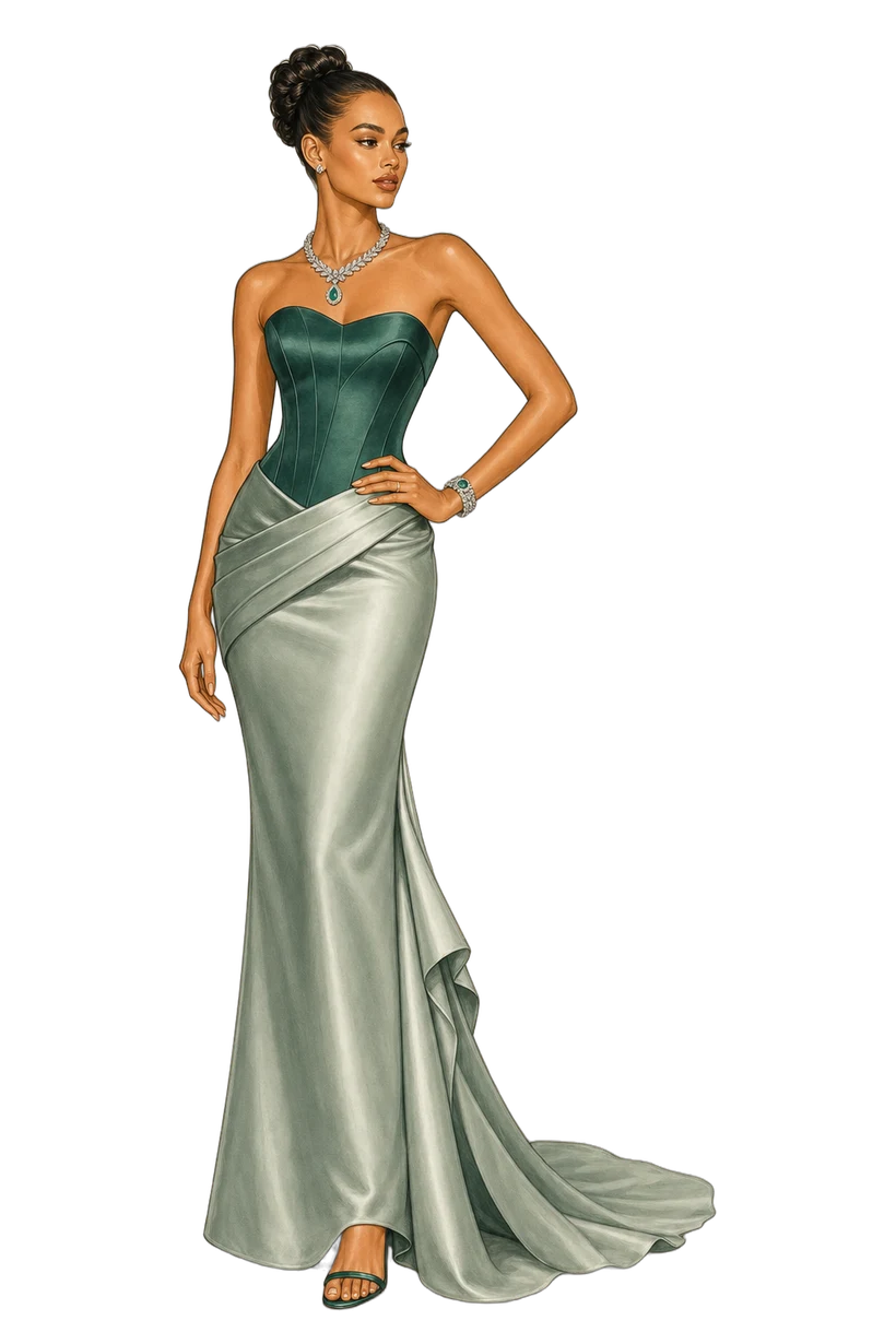 Emerald corset gown with sage satin wrap skirt, fully colored