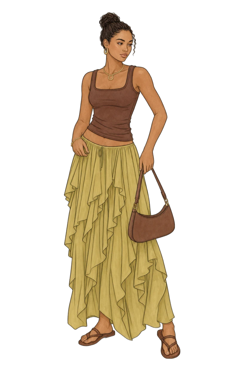 Brown tank with chartreuse ruffle maxi skirt resort look, fully colored